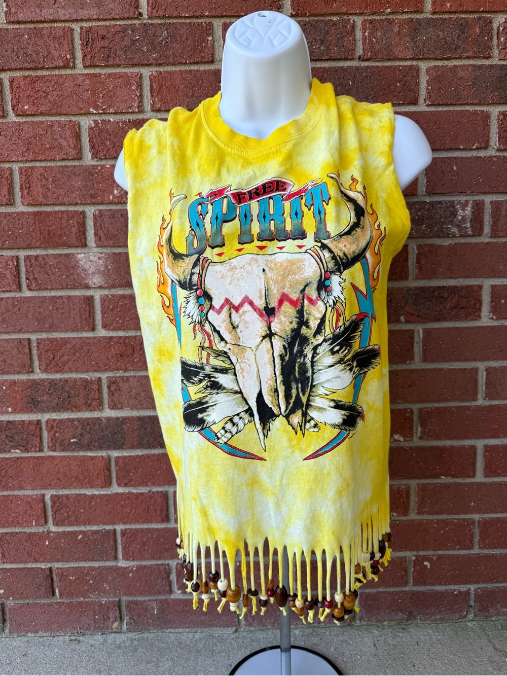 Handmade - Anvil Yellow Tie-Dye Fringe Tank with beads and Skull Motif - Picture 2 of 5